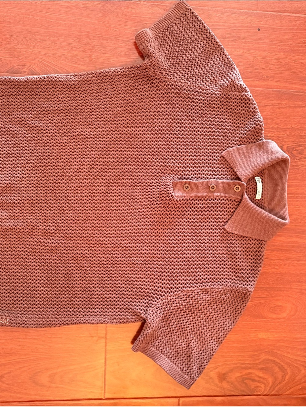Zara brown knit polo shirt with textured diamond pattern, size M #polo #knit